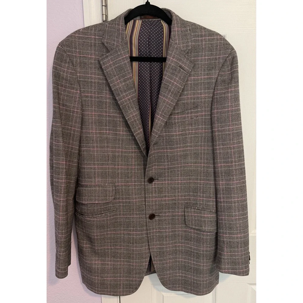 Etro Milano EU SZ 50R Sport Coat Blazer Gray/Pink Plaid Wool Silk Lined Italy